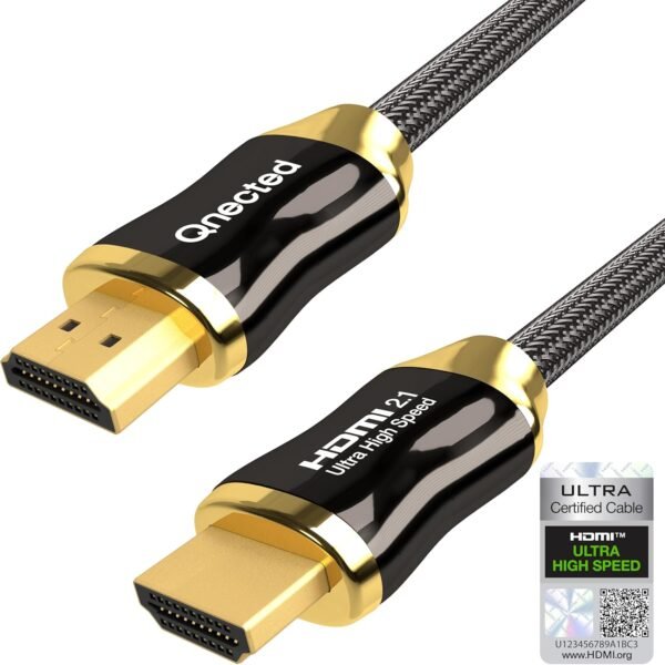 Qnected Câble HDMI 2.1 1m (1 mètre) | Gen 2 Certifié | Ultra Haute Vitesse | 4K 120Hz & 144Hz, 8K 60Hz Ultra HD | 48 Gbps | eARC | Compatible PS5, Xbox Series X & S, Moniteur | Noir Charbon