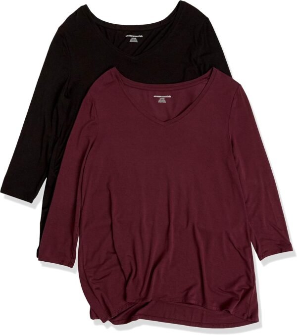 Amazon Essentials T-shirt swing à manches 3/4 et col en v (disponible en grande taille) Femme, Lot de 2