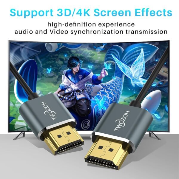 Twozoh Câble HDMI vers HDMI Slim 1M, extrêmement fin Câble HDMI flexible pour 4K/3D, 1080p, Ultra HD, 3D – Image 4
