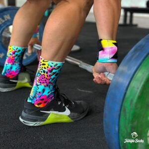 Alternative view of Jungle Socks Chaussettes de sport longues colorées et amusantes pour hommes et femmes, pour le CrossFit, le cyclisme, la course à pied, le VTT. Conçu en Europe.