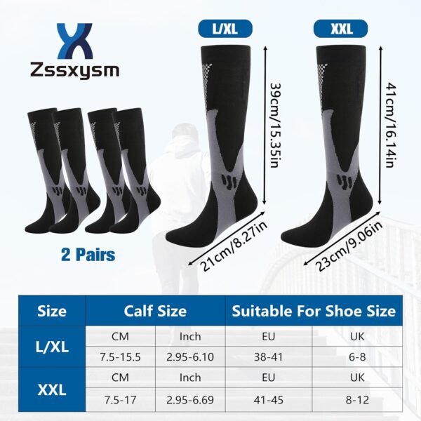 Zssxysm 2 Paires Chaussettes de Compression Mollet de Running pour Homme, Chaussettes Hautes de Contention, Bas de Contention de Sport Voyage Avion Randonnée Cyclisme Course à Pied Handball (Noir) – Image 2