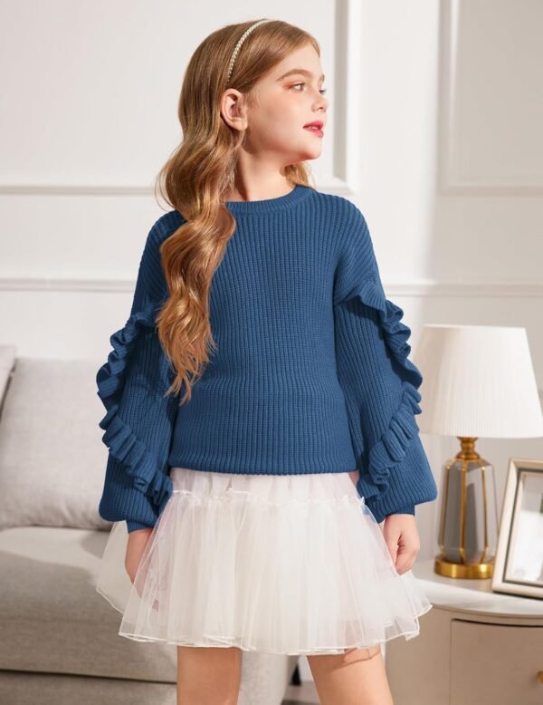 Arshiner Filles Pull Manches Lanterne Enfants Chaud en Tricot Manche Longue Col Rond Hiver Pulls pour Fille 7-14 Ans – Image 2