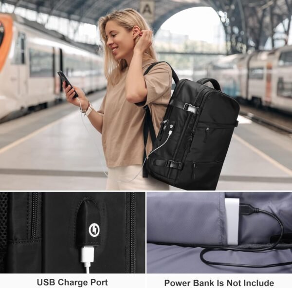 HOMIEE Sac à Dos de Voyage Extra Large, Sac à Dos Cabine Imperméable pour Ordinateur Portable, Sac a Dos Voyage Avion Antivol avec Port de Charge USB, Sac a Dos Bagage à Main, Noir – Image 8