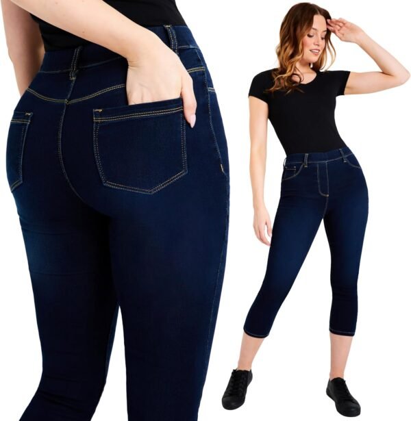 Jeggings Femme Jean Corsaire Confort Stretch Pantacourt Femme en Jean Capri Vêtements Femme Fille Ado Été Coton Jegging Slim Extensible Taille Élastique 36-48 – Image 5