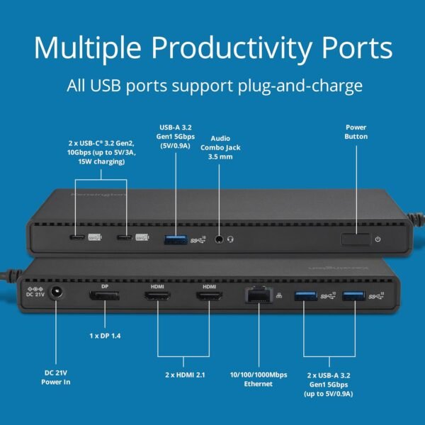 KENSINGTON SD4842P - Station d'accueil USB-C 10-en-1 avec 3 Sorties Vidéo HD 1080p @120Hz, Alimentation 100W, 5 Ports USB Plug & Charge, Coque Externe Fabriquée avec 70% de Matériaux Recyclé K32810EU – Image 5