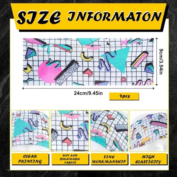 Lot de 4 bandeaux à cheveux avec imprimé rétro Mabor des années 80 - Unisexe - Couleurs fluo - Accessoire de fitness - Large bandeau de fête – Image 2