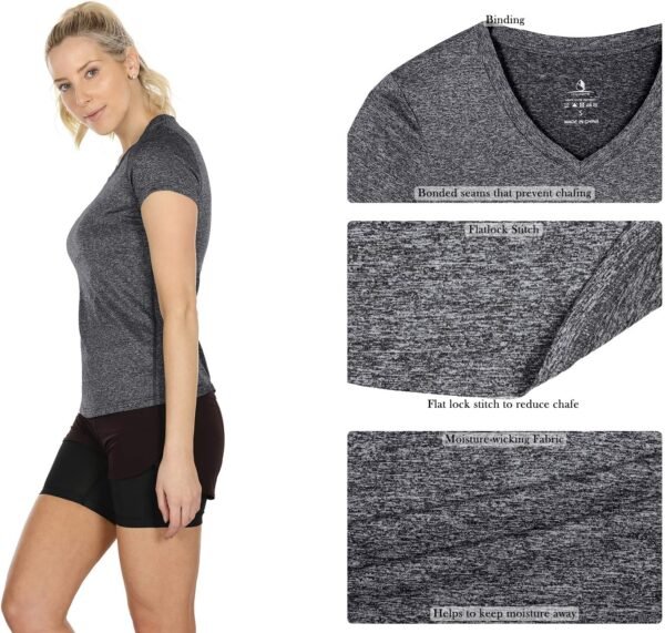 icyzone T-Shirts de Sport Femme à Manche Courtes Tops et Col en V Fitness Yoga Tee Shirt, Lot de 3 – Image 3