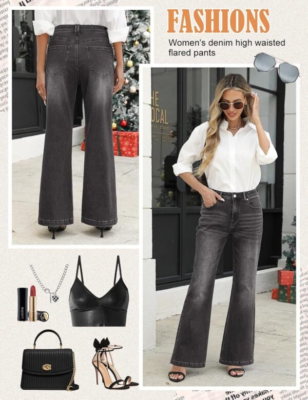 heekpek Jeans Femme Taille Haute Elastique Flare Jean Large Pantalon Femme Chic et Elegant avec Poches – Image 2