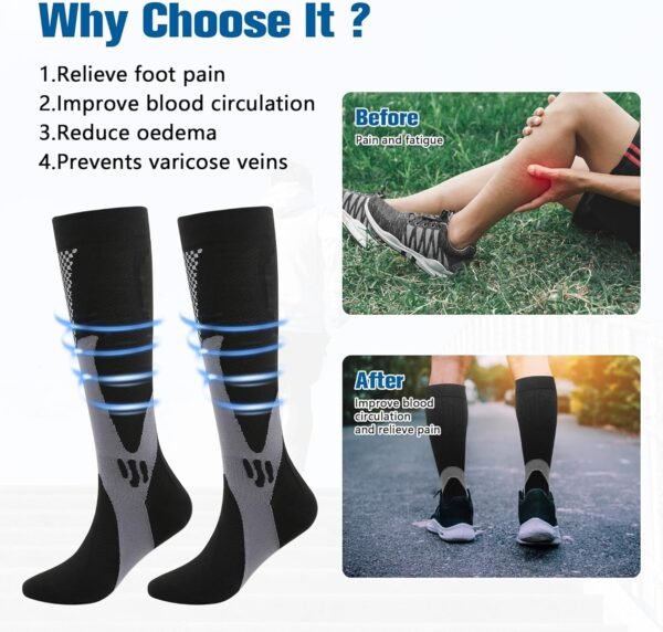 Zssxysm 2 Paires Chaussettes de Compression Mollet de Running pour Homme, Chaussettes Hautes de Contention, Bas de Contention de Sport Voyage Avion Randonnée Cyclisme Course à Pied Handball (Noir) – Image 5