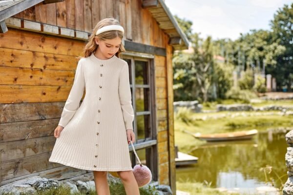 GRACE KARIN Filles Robe Tricotée pour Automne Hiver Col Ras du Cou Manches Longues Coupe Évasée – Image 3