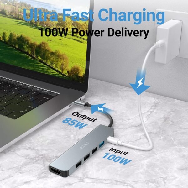 Adaptateur USB C Hub HDMI, Adaptateur USB C 6 en 1 avec HDMI 4K, 1 Port USB 3.0 et 3 Ports USB 2.0, Alimentation 100 W Compatible avec Windows 10/8, Mac OS 10.5 ou supérieur, Linux et Plus Encore. – Image 2