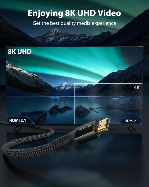 Stouchi Câble HDMI 2.1 2m, 8K Ultra HD 48Gbps Haute Vitesse 8K60 4K120 144Hz RTX 3080 eARC HDR10 4:4:4 HDCP 2.2&2.3 Dolby Compatible avec Fire TV/Roku TV/PS5/Xbox Series X/LG,Noir,1 2 Paquets – Image 2