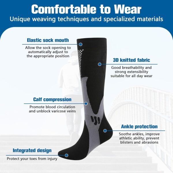 Zssxysm 2 Paires Chaussettes de Compression Mollet de Running pour Homme, Chaussettes Hautes de Contention, Bas de Contention de Sport Voyage Avion Randonnée Cyclisme Course à Pied Handball (Noir) – Image 4
