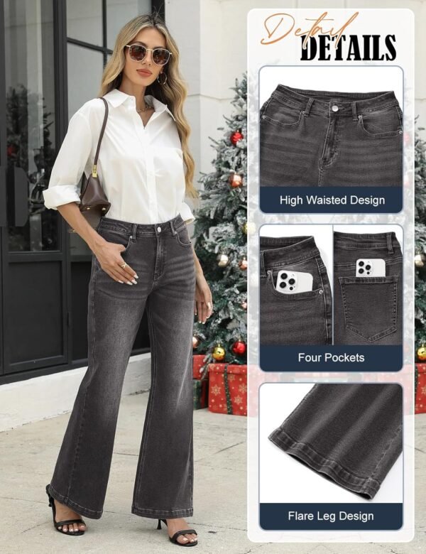 heekpek Jeans Femme Taille Haute Elastique Flare Jean Large Pantalon Femme Chic et Elegant avec Poches – Image 4
