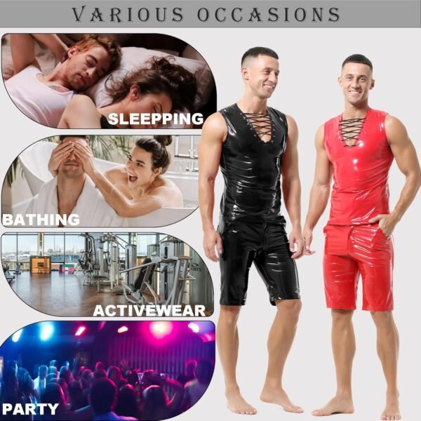 YOOBNG Gilet sans Manches en Simili-Cuir pour Hommes - Style Wet Look avec Cordon en V – Image 6