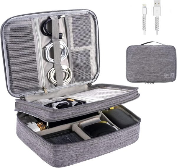 OrgaWise Sac Électronique Multifonctionnel Sac Câble Portable Étanche pour Tablette, Disque Dur Externe, Chargeur, Câbles, Objets, Adaptateurs, Cartes Mémoire, Câbles USB (3 Couche, Gris)