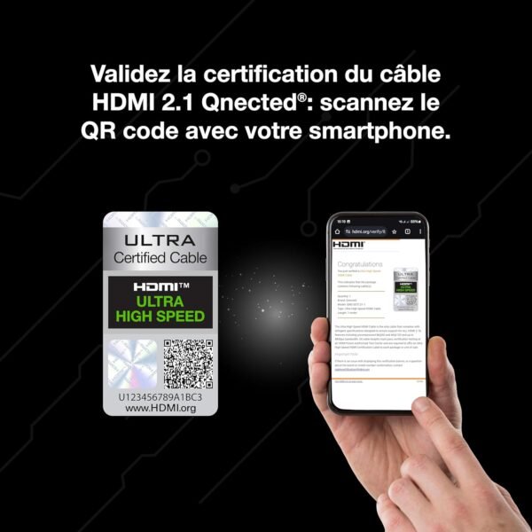 Qnected Câble HDMI 2.1 1m (1 mètre) | Gen 2 Certifié | Ultra Haute Vitesse | 4K 120Hz & 144Hz, 8K 60Hz Ultra HD | 48 Gbps | eARC | Compatible PS5, Xbox Series X & S, Moniteur | Noir Charbon – Image 6