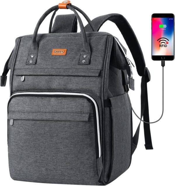 Sac à Dos Femme,Sac à Dos Ordinateur Portable 17,3 Pouces Avec Port de Chargement USB et Poche RFID Pour Collège,école,Travail,Voyage (Gris foncé 17in)