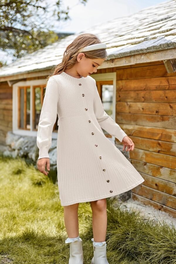 GRACE KARIN Filles Robe Tricotée pour Automne Hiver Col Ras du Cou Manches Longues Coupe Évasée – Image 2