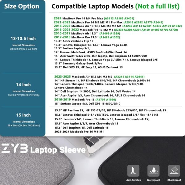 ZYB Pochette Ordinateur 15.6 Pouces, Étanche Housse Ordinateur 15 15,6 Pouces pour 15" Notebook Lenovo Thinkpad Ideapad HP Dell Acer ASUS Chromebook Mac 15 16 etc Pochette PC Portable 15.6"-Gris Foncé – Image 2