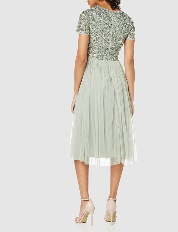 Maya Deluxe Robe de Soirée Midi Ornée avec Col en V et Manches Courtes pour Femme Demoiselle d'honneur – Image 4