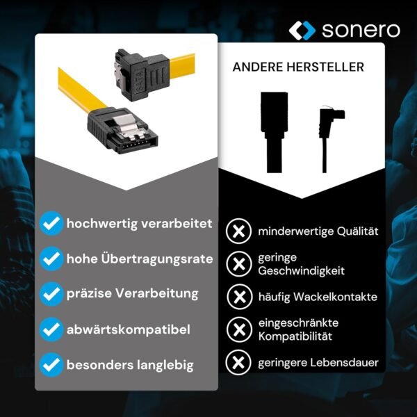 sonero® jeu de câbles de données SATA III 6Gb/s, 2x 0,50m, coudé + 2x 0,50m, jaune – Image 5