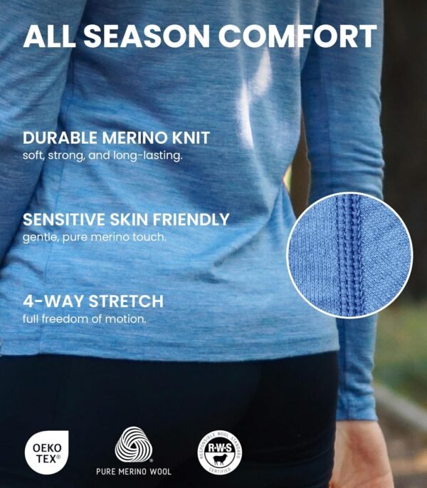 Merino.Tech Vetement Femme Ensemble Laine Merinos - 100% Merino Wool Haut et Bas avec Chaussettes Lourd, Moyen, Léger – Image 4
