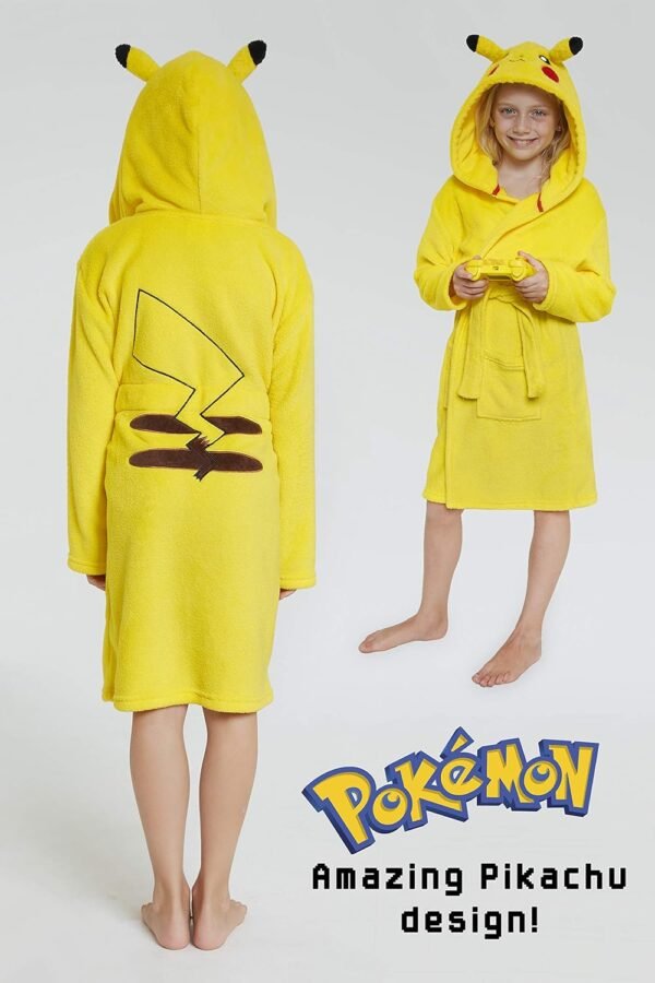 Pokémon Robe De Chambre Enfant De Pikachu, Peignoir Garçon Ou Fille en Polaire Douce avec Capuche Taille 4-14 Ans – Image 6