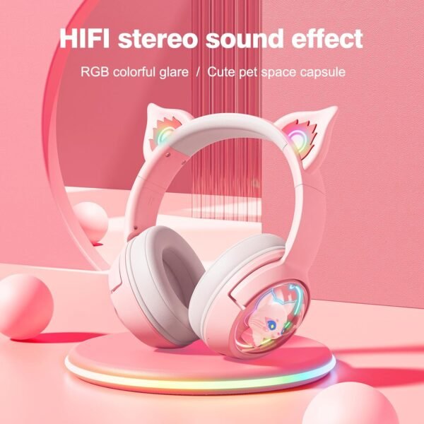 PHNIXGAM Casque Bluetooth avec oreilles de chat, en mode sans fil et filaire, avec microphone, lumière RVB, compatible avec téléphones portables, PC, tablette, consoles de jeux, rose – Image 2