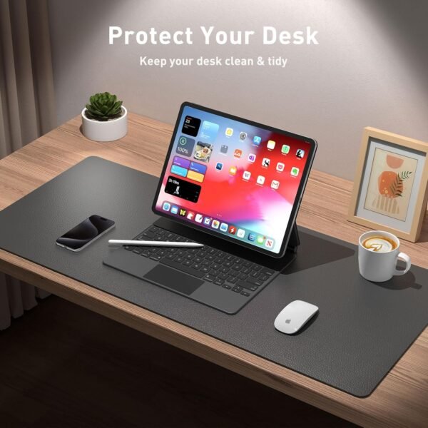 Aothia Sous-main, tapis de bureau en cuir PU, tapis de souris, protection de bureau antidérapante, bloc-notes de bureau étanche pour le bureau et la maison (122x43cm, Gris) – Image 6