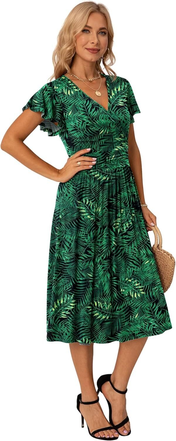 GRECERELLE Robe portefeuille décontractée pour femmes, avec manches courtes à volants, décolleté en V, motif floral, pour l’été et la plage – Image 2