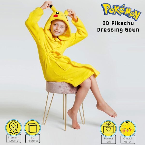 Pokémon Robe De Chambre Enfant De Pikachu, Peignoir Garçon Ou Fille en Polaire Douce avec Capuche Taille 4-14 Ans – Image 3