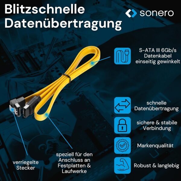 sonero® jeu de câbles de données SATA III 6Gb/s, 2x 0,50m, coudé + 2x 0,50m, jaune – Image 6