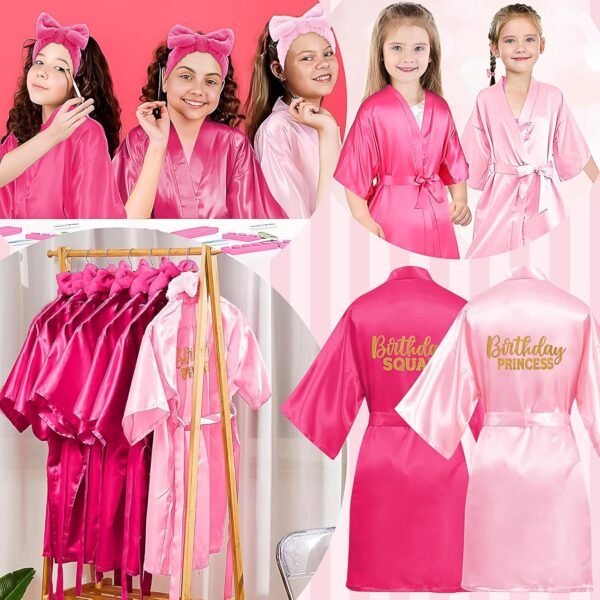 TESIN Lot de 24 fournitures de fête spa pour filles, 6 peignoirs, 6 bandeaux, 6 sacs fourre-tout, 6 masques pour les yeux – Anniversaire rose – Image 5