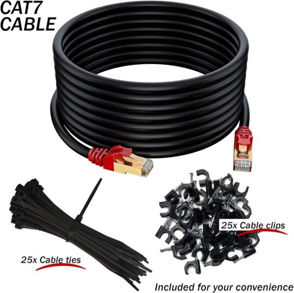 MutecPower 20m CAT7 Câble réseau Ethernet RJ45 - application exterieur, imperméable - SSTP - 600 Mhz - Noir 20 mètres avec attaches et pinces – Image 2