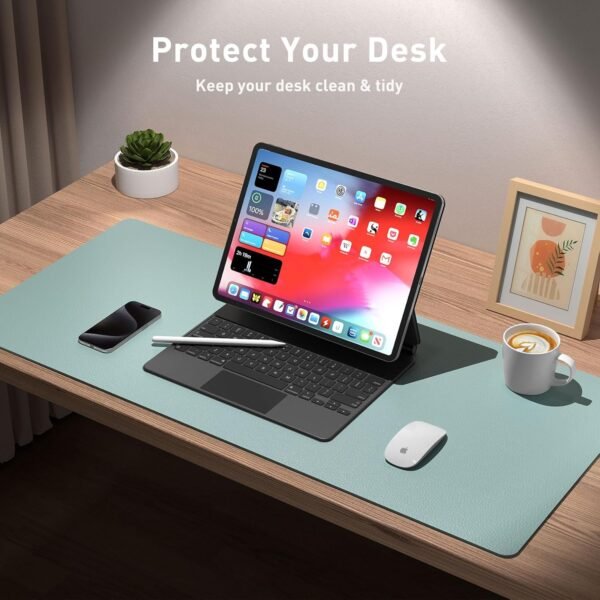 Aothia Sous-Main en Cuir, Tapis de Souris, Tapis de Bureau en Cuir PU antidérapant, sous-Main pour Ordinateur Portable, Bloc-Notes étanche pour Bureau et Maison (122x43cm, Bleu Clair) – Image 7
