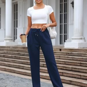 Alternative view of Crewhpo Pantalon Jogging Femme Pantalon Droit de Sport Couleur Unie Bas Large avec Poches Pantalon de Décontracté pour Running Fitness Training