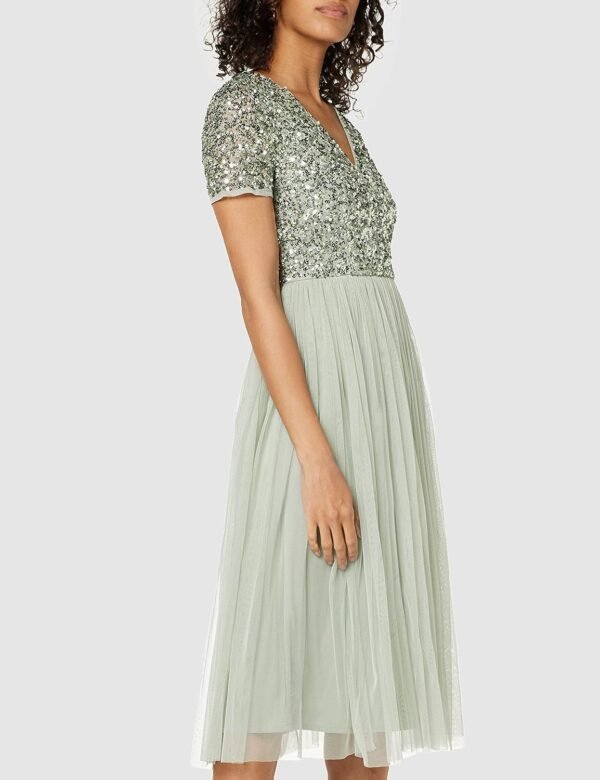 Maya Deluxe Robe de Soirée Midi Ornée avec Col en V et Manches Courtes pour Femme Demoiselle d'honneur – Image 2