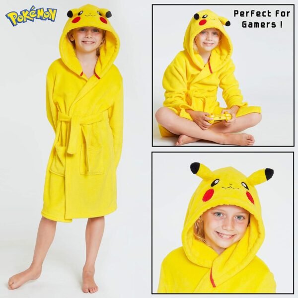 Pokémon Robe De Chambre Enfant De Pikachu, Peignoir Garçon Ou Fille en Polaire Douce avec Capuche Taille 4-14 Ans – Image 5