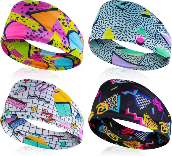 Lot de 4 bandeaux à cheveux avec imprimé rétro Mabor des années 80 - Unisexe - Couleurs fluo - Accessoire de fitness - Large bandeau de fête