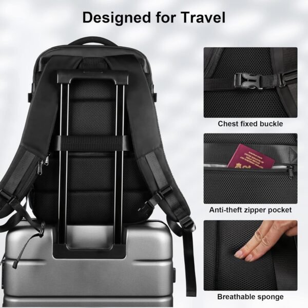 HOMIEE Sac à Dos de Voyage Extra Large, Sac à Dos Cabine Imperméable pour Ordinateur Portable, Sac a Dos Voyage Avion Antivol avec Port de Charge USB, Sac a Dos Bagage à Main, Noir – Image 5