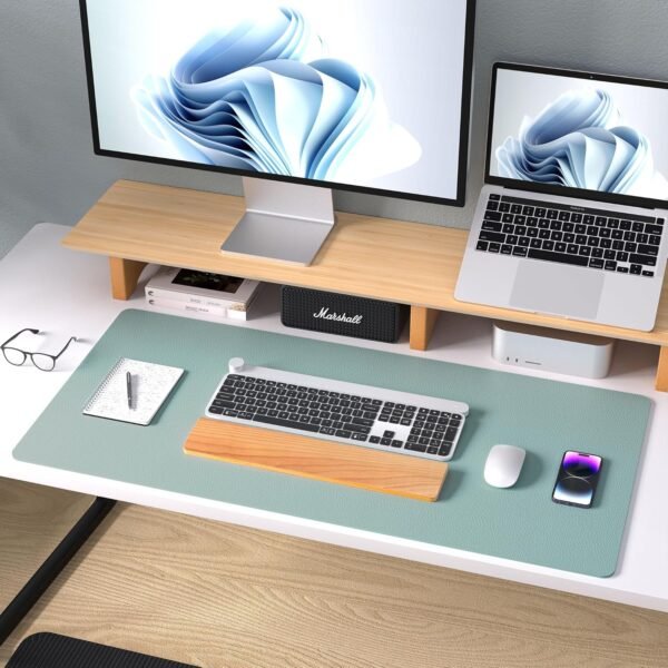 Aothia Sous-Main en Cuir, Tapis de Souris, Tapis de Bureau en Cuir PU antidérapant, sous-Main pour Ordinateur Portable, Bloc-Notes étanche pour Bureau et Maison (122x43cm, Bleu Clair) – Image 8