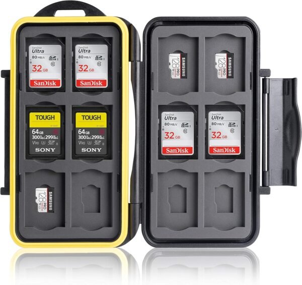 Ares Foto® Boîtier de protection pour cartes mémoire: 12 SD + 12 Micro SD Cards. Étui de Transport étanche antichocs. Conservation & Déplacement. Boîte plastique. Revêtement en caoutchouc breveté.