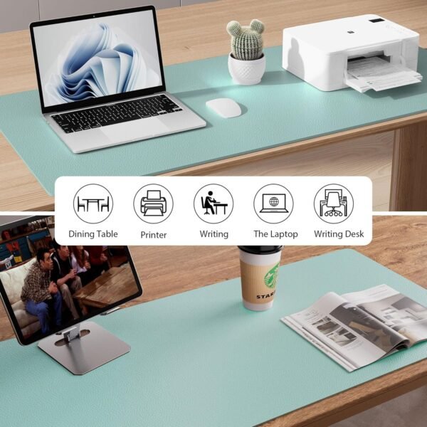 Aothia Sous-Main en Cuir, Tapis de Souris, Tapis de Bureau en Cuir PU antidérapant, sous-Main pour Ordinateur Portable, Bloc-Notes étanche pour Bureau et Maison (122x43cm, Bleu Clair) – Image 6