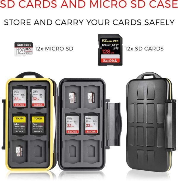 Ares Foto® Boîtier de protection pour cartes mémoire: 12 SD + 12 Micro SD Cards. Étui de Transport étanche antichocs. Conservation & Déplacement. Boîte plastique. Revêtement en caoutchouc breveté. – Image 5