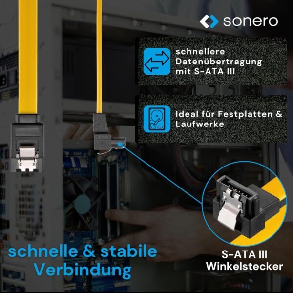 sonero® jeu de câbles de données SATA III 6Gb/s, 2x 0,50m, coudé + 2x 0,50m, jaune – Image 2