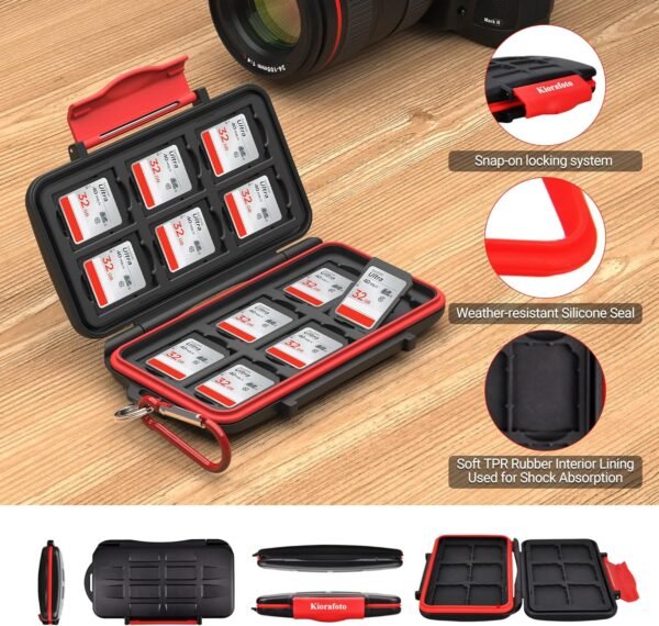 Kiorafoto Étui pour Cartes Mémoire, 12 Emplacements Résistant à l'eau et aux Chocs pour SD SDHC SDXC Professionnel Porte Carte SD avec Mousqueton- Petit et Portable – Image 5