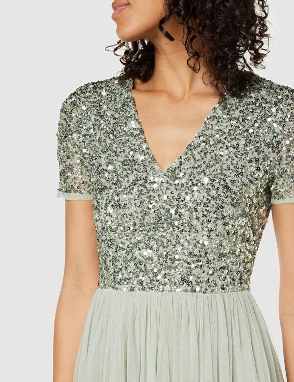 Maya Deluxe Robe de Soirée Midi Ornée avec Col en V et Manches Courtes pour Femme Demoiselle d'honneur – Image 3