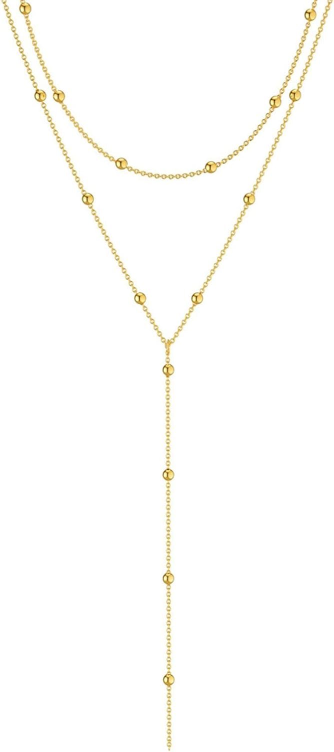 Auiremrti Chaîne longue en Y pour femmes-Collier multi-rangs en acier inoxydable en or/argent,Bijoux pour femmes,Chaîne longue élégante pour femmes,Ensemble de chaînes,Bijoux simples en or/argent