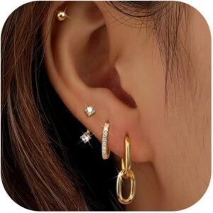 FIOROYAL 4Paires Boucles d'oreilles Remplie d'or 14 Carats pour Femmes,Boucles d'Oreilles Créoles Acier Inoxydable,Argent Or Piercing Tragus Helix Cartilage pour Plusieurs Piercing Oreille
